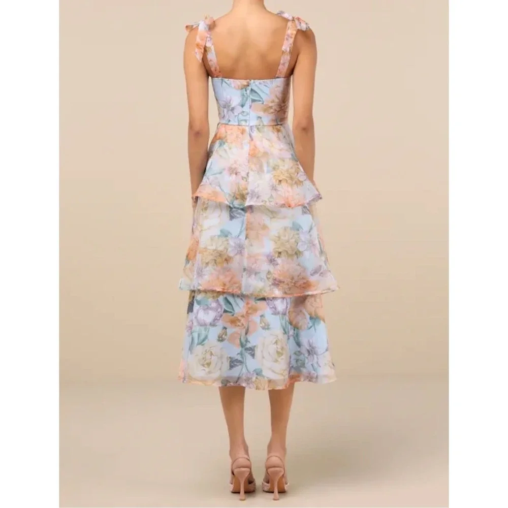 Lulus Playfully Posh Blue Floral Organza Tie-Strap Tiered Midi Dress Small NWT